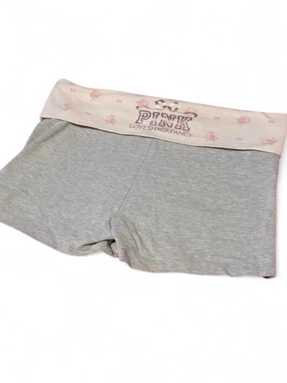 LoveShackFancy Pink Fold-Over Waist Athletic Shorts in Gray and Light Pink
